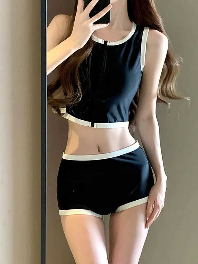 OIINAA Bikini Set Women Vest Shorts Swimsuit Spliced Zipper Two-Piece Fashion Fe Swimwear Bathing Holiday Simple BeachwearXJ250120