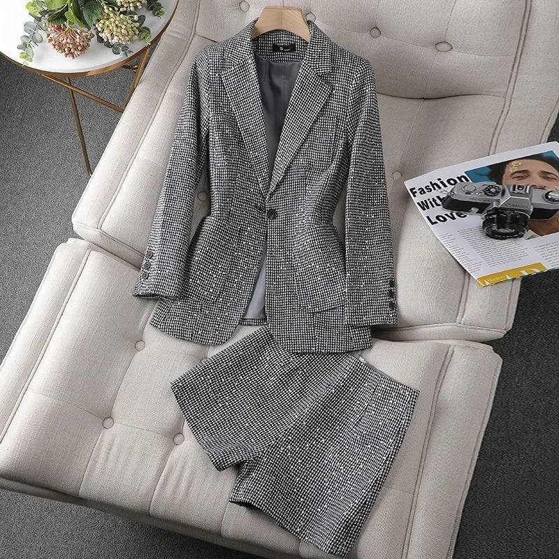 Spring Fall Plaid Sequins Suits Office Full Sleeve Blazer Jackets High Waist Short Pants Outfits Elegant 2 Pieces Sets 250122