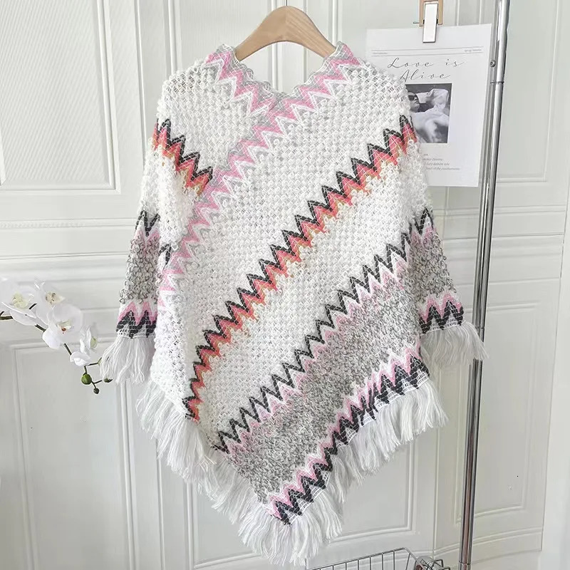 Autumn Knitting Cotton Shawl Ethnic Scarf Striped Tassel Poncho For Women Pashmina Keep Warm Travel Shawls Headband 65*70cm 250120
