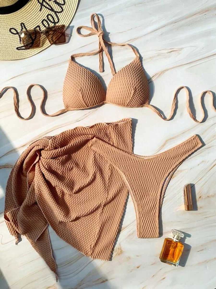 With Beach Sarong Bra Cup Wrinkled Bikini Fe Swimsuit Women Swimwear Three-pieces Bikini Set Push Up Bathing Suit Swim LadyXJ250120