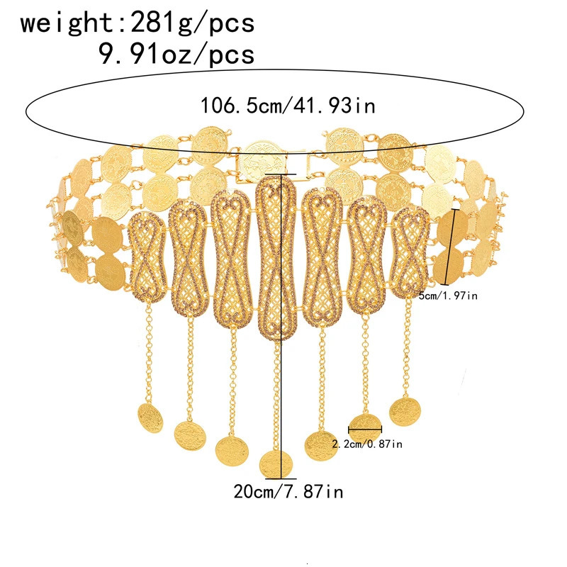Rhinestones Women Body Chains Bohemian Ethnic Gypsy Coins Tassels Waist Chains Glossy Metal Bilayer Carved Belly Dance Chains 250117