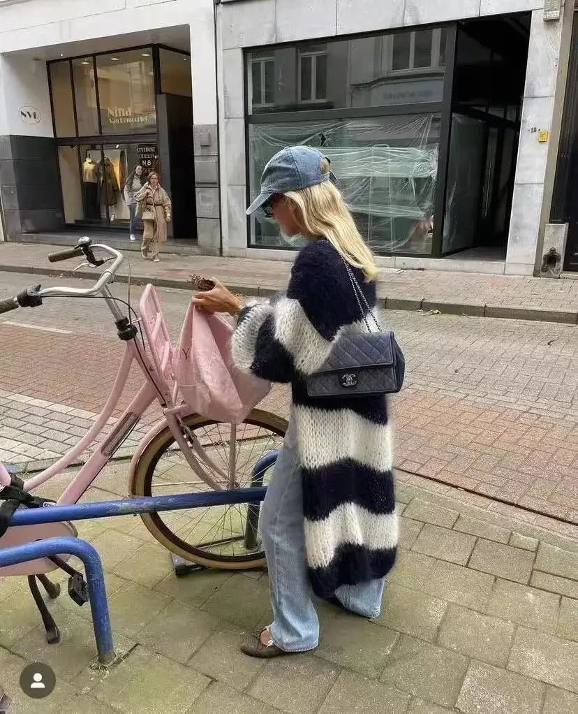 Spring Striped Women Sweater Long Cardigan Keep Warm Loose Sweaters Female Springr Elegant Casual Trendy Ladies Clothes 250114