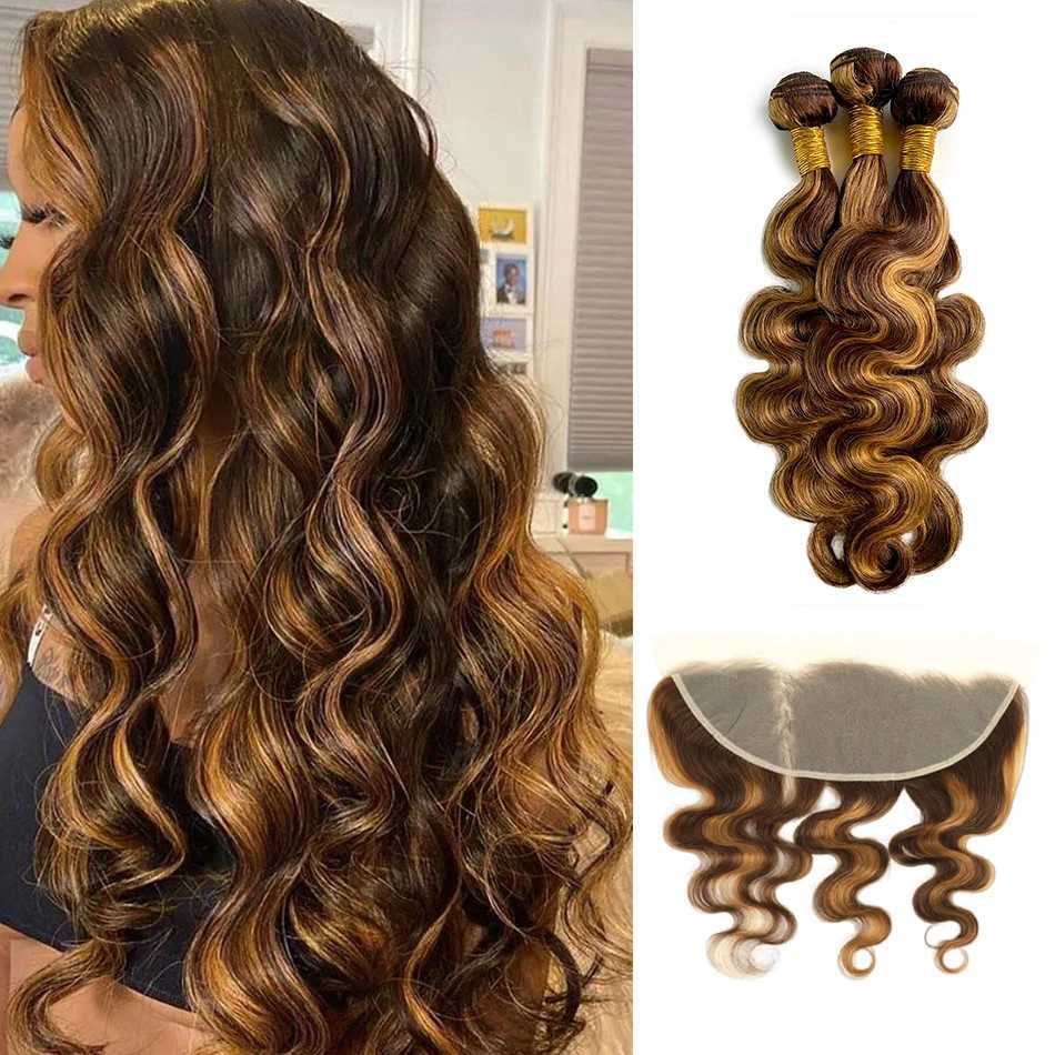 Bundles With Frontal Body Wave Honey Blonde Highlight 3 Bundle with 13x4 Lace Frontal Clo P4-27 Natural Brazilian Human HairXJ250120