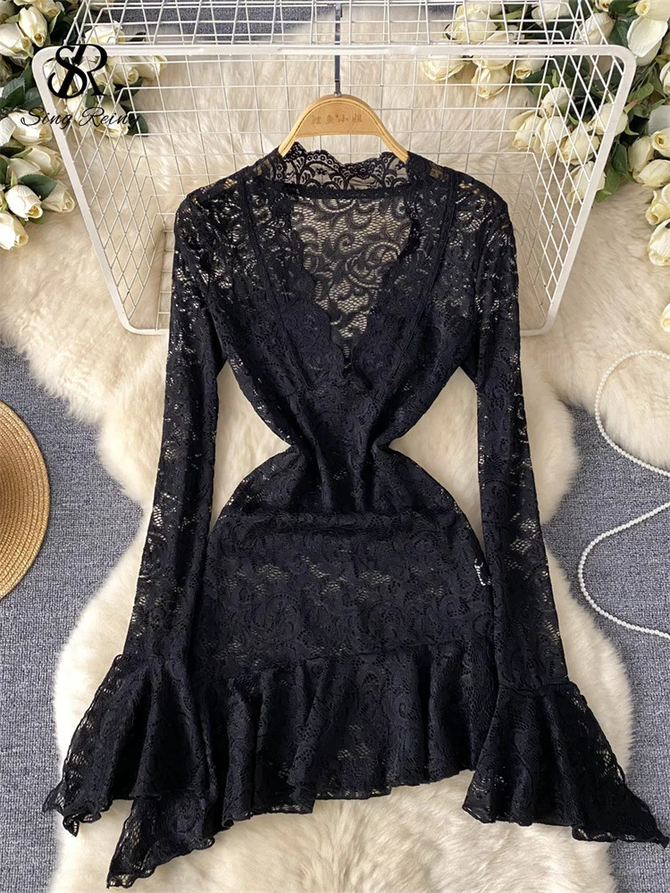SINGREINY Ruffles Sheer Lace Dress Female V Neck Long Sleeve Dress Fashion Ladies Transparent Irregular Midi Long Sexy Dresses 250121