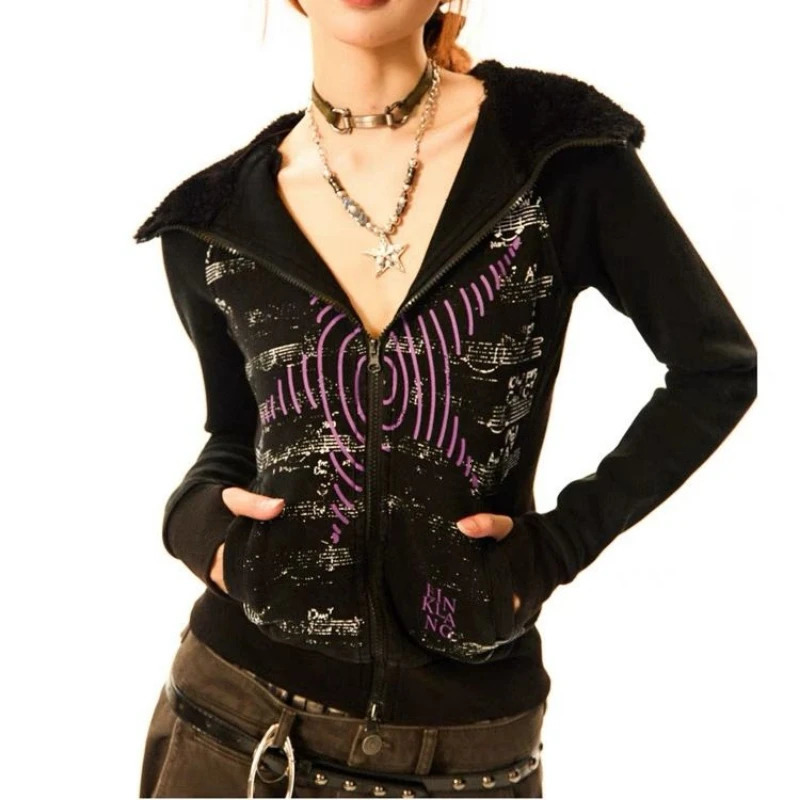 Y2k Fairy Cropped Hoodies Jackets Women Punk Double Zippers Slim Fit Coats Aesthetic Grunge Harajuku Star Print Tops Streetwear 250118