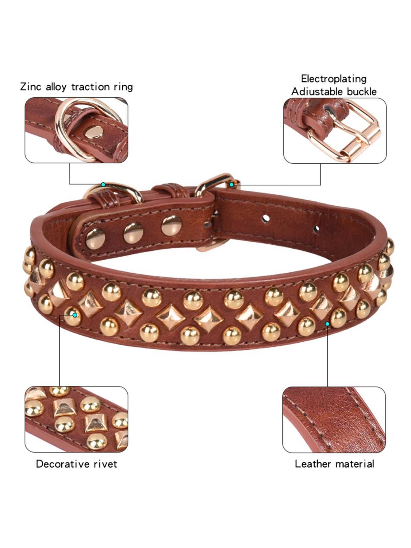 CP434 Rivet Leather Collar Golden Rivet Decoration Pet dog Collar Apply to Small Medium Large Dogs Retro style collar . X250129