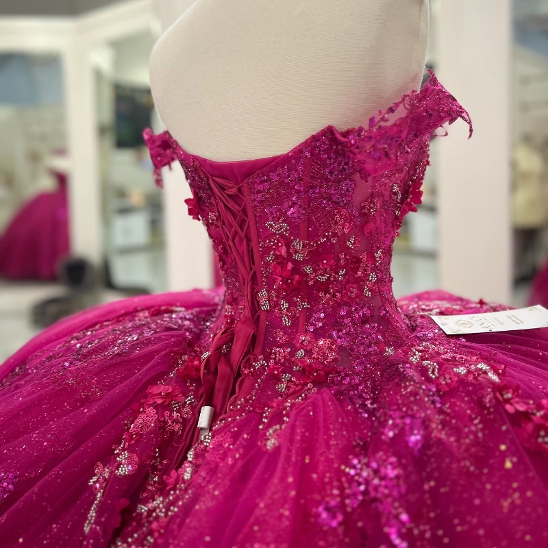 Rose Red Quinceanera Dresses Ball Gown Off The Shoulder Applique Lace Beading Crystal Tull Party Birthday Sweet 16 Dress Vestidos De 15 Anos