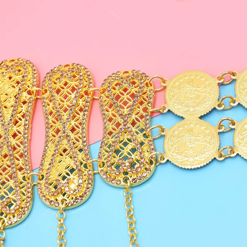 Rhinestones Women Body Chains Bohemian Ethnic Gypsy Coins Tassels Waist Chains Glossy Metal Bilayer Carved Belly Dance Chains 250117