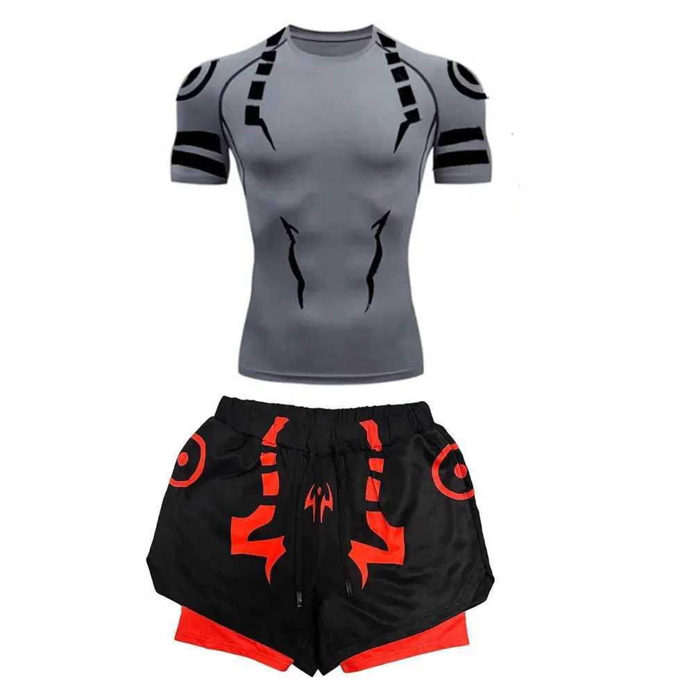 Mens Compression Set Anime Jujutsu Kaisen Printed Summer Gym Compression Shirts+Workout Shorts Breathable Quick Dry Sports Set X250129