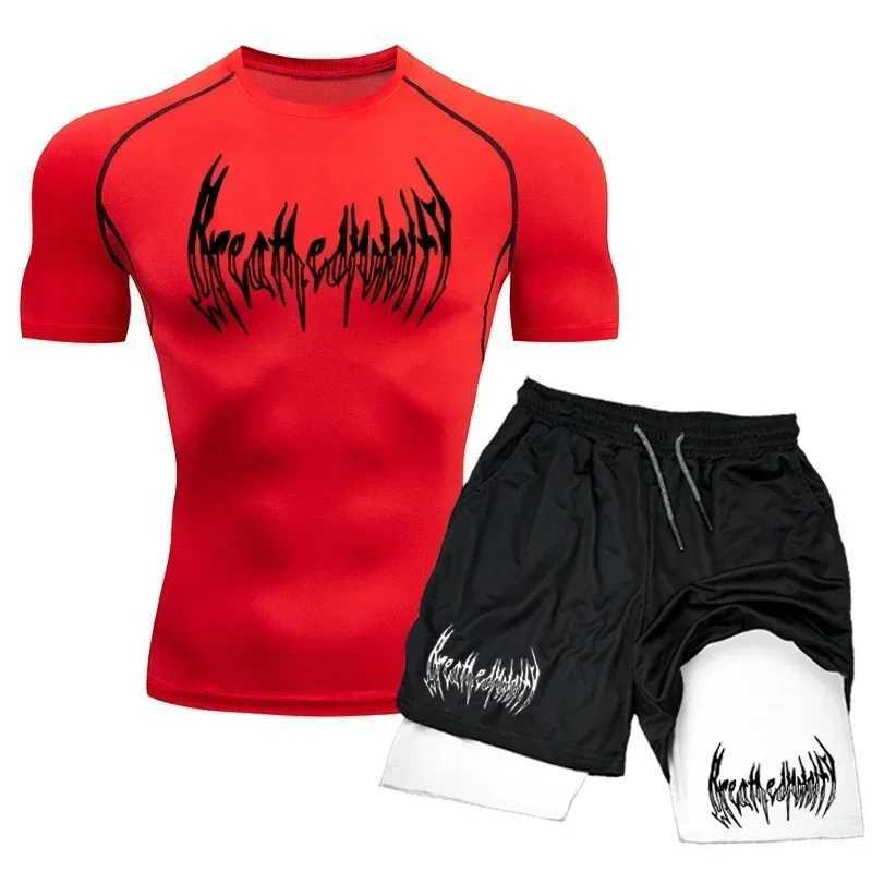 2024 Summer Compression Set Sportwear for Men Muscle GYM Shorts+Shirt Breathable Quick Dry Short Sleeve Training Sport Suit X250129