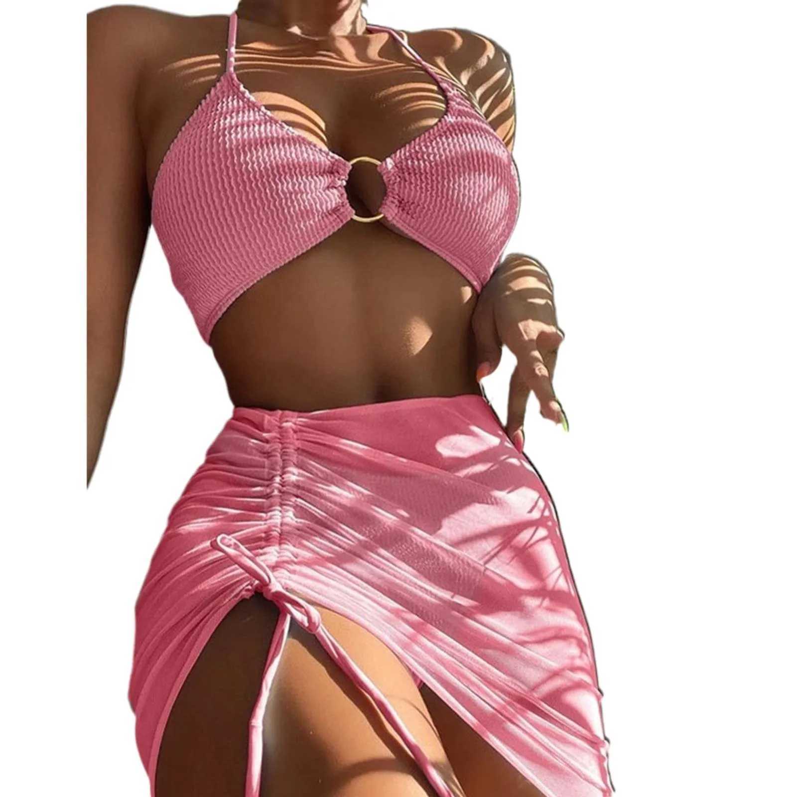 WomenS Bathing Suits 3 Piece Halter Ring Bikini Set With Cover Up Skirt And Bikini Split Swimsuit Fe Summer Beach WearXJ250120