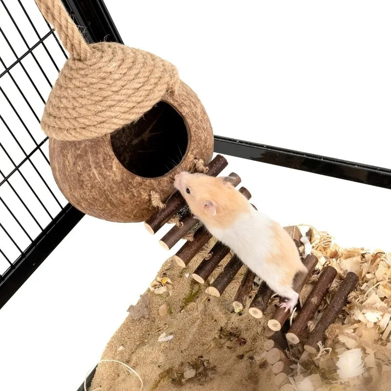 Coconut Birdhouse Hut With Ladder Hemp Rope Roof Natural Material Firm Stable Small Animal Cage Habitat Decoration Pet Supplies 250121