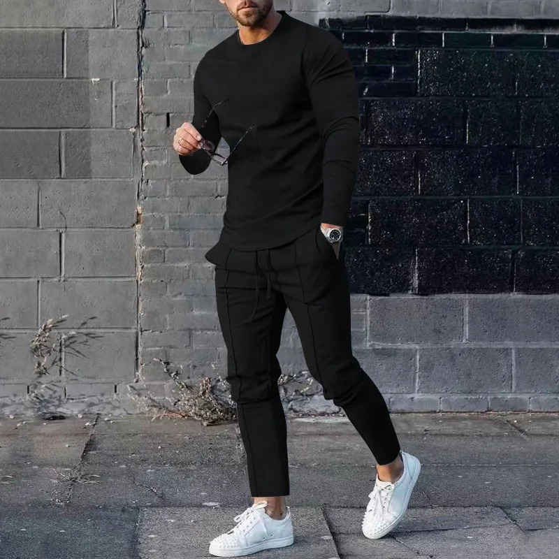 2025 Spring Mens Casual Sport Twopieces Fashion Solid Long Sleeve Oneck Tshirt and Sweatpants Suits Men Tracksuit Outfit 250110