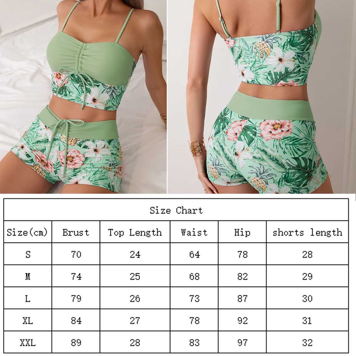 Printed Flower Tankini Set Girl Swimwear Adjustable Strap Vest Bra Fe Flower Shorts Bikini Drstring Women Beach SetXJ250120
