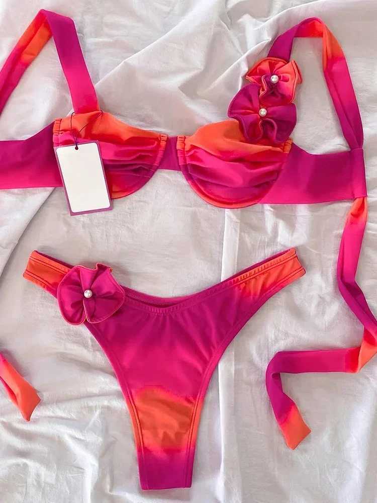 OIINAA Bathing Suit Women Sexy 3D Floral Bikini Suit Pearl Swimwear Two-piece Tie Dye Swimsuit 2024 Thong Split Beachwear SummerXJ250120