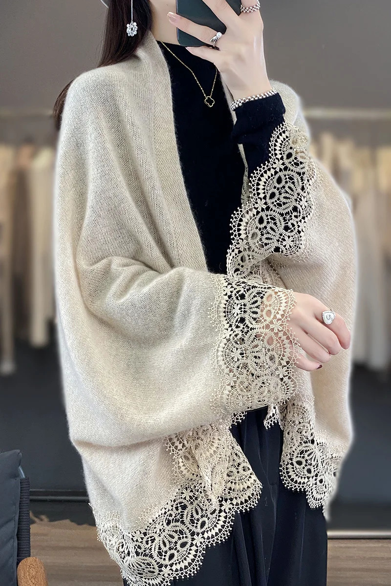 Lace Edge 100% Wool Knitted Shawl Spring Autumn Thin Womens Soft Skin friendly Breathable and Fashionable Cardigan 250120