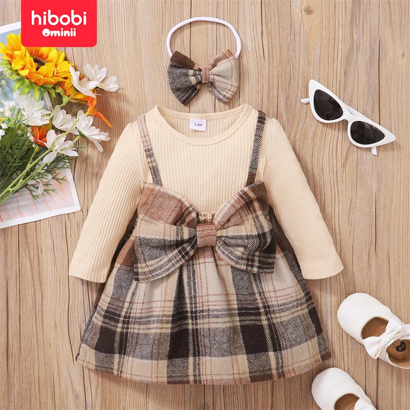 hibobi Autumn 2Piece Set Baby Girl Plaid Print Bow Decor ColorBlock 2 In 1 Dress With Headband For 13 Year Old Girls 250117