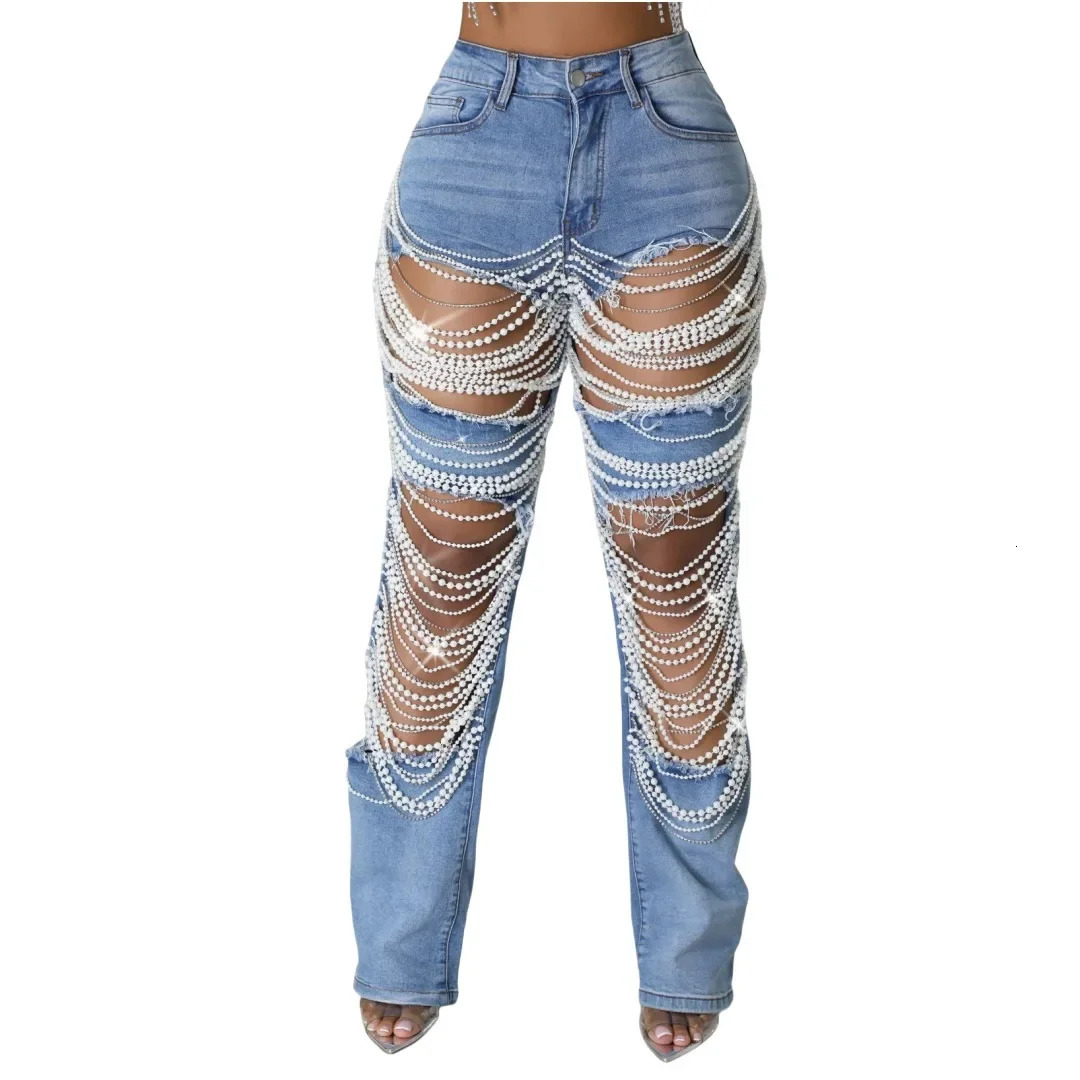 Womens Fashion Pearl Beading Ripped Hollow Out Tassel Wide Leg Jeans Summer INS Street Denim Pants Trousers 250117