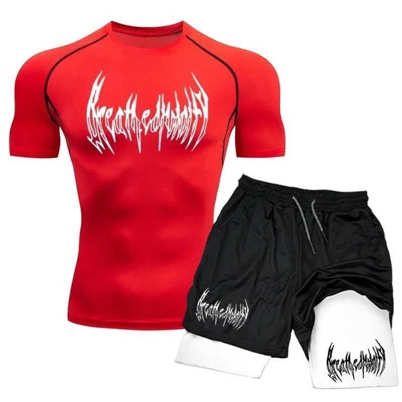 2024 Summer Compression Set Sportwear for Men Muscle GYM Shorts+Shirt Breathable Quick Dry Short Sleeve Training Sport Suit X250129