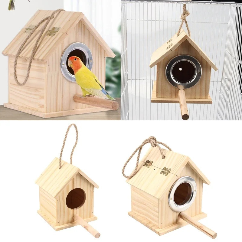 Wooden Bird House with Parakeet Perch Stands Pets Parrots Nesting House for Cage Outside Inside Hanging Nest 2 Sizes 250121