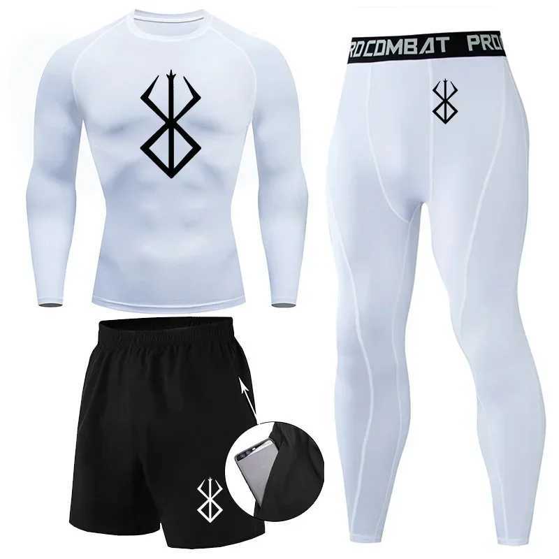 Anime Berserk Print Athletic Compression Sets for Men Gym Workout 3 Pieces Fitness Suits Rash Guard Undershirt Tops Pants Shorts X250129