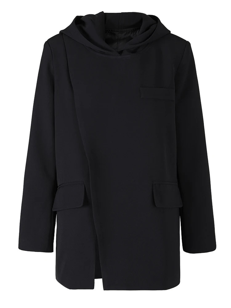 EAM Khaki Slit Irregular Big Size Blazer Women Hooded Long Sleeve Loose Fit Jacket Fashion Spring Autumn 1DH048204 250106