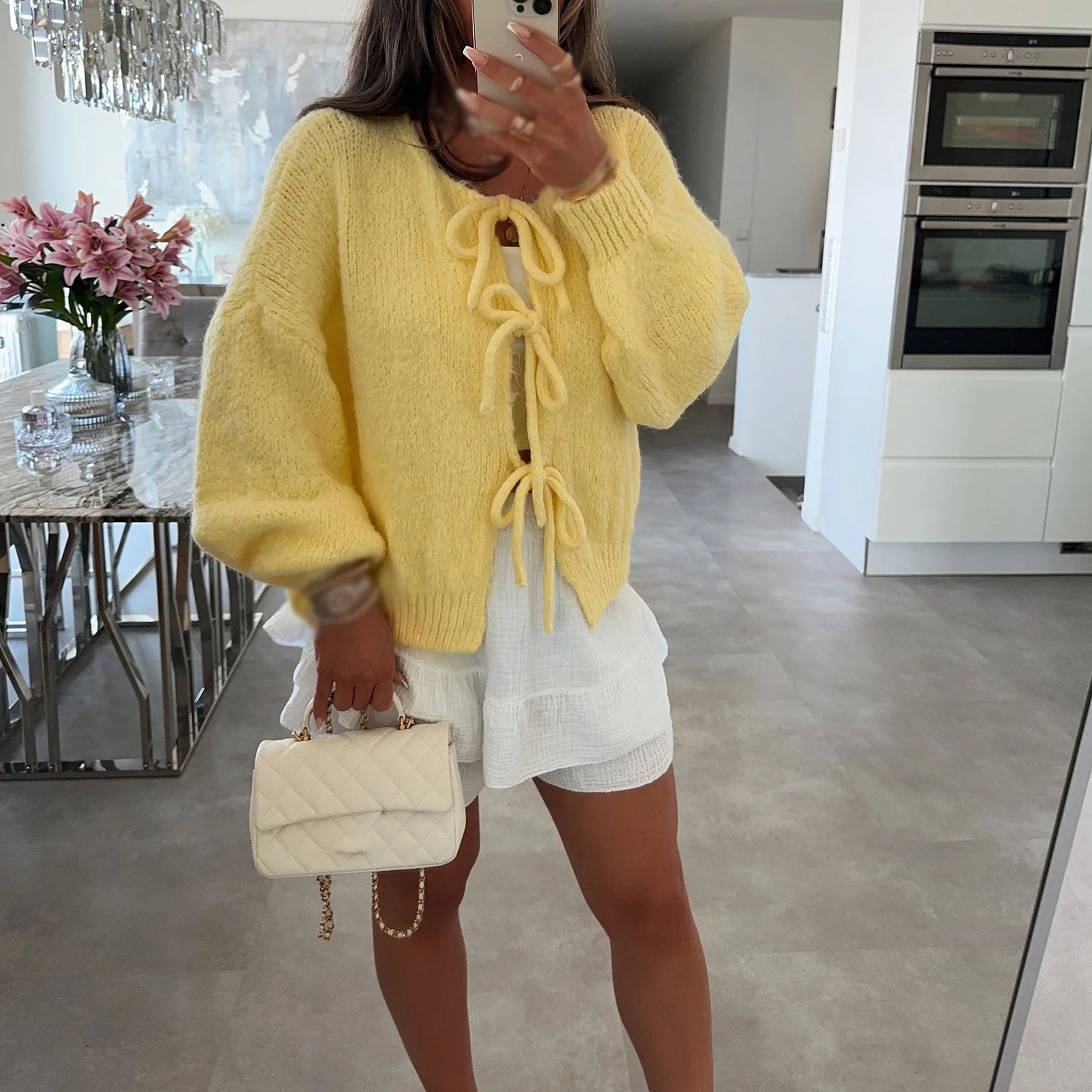 Combhasaki Womens Y2K Sweaters Solid Color Front Tieup Hollow Out Round Neck Long Sleeve Cardigan Tops Warm Knitwear Streetwear 250109Z