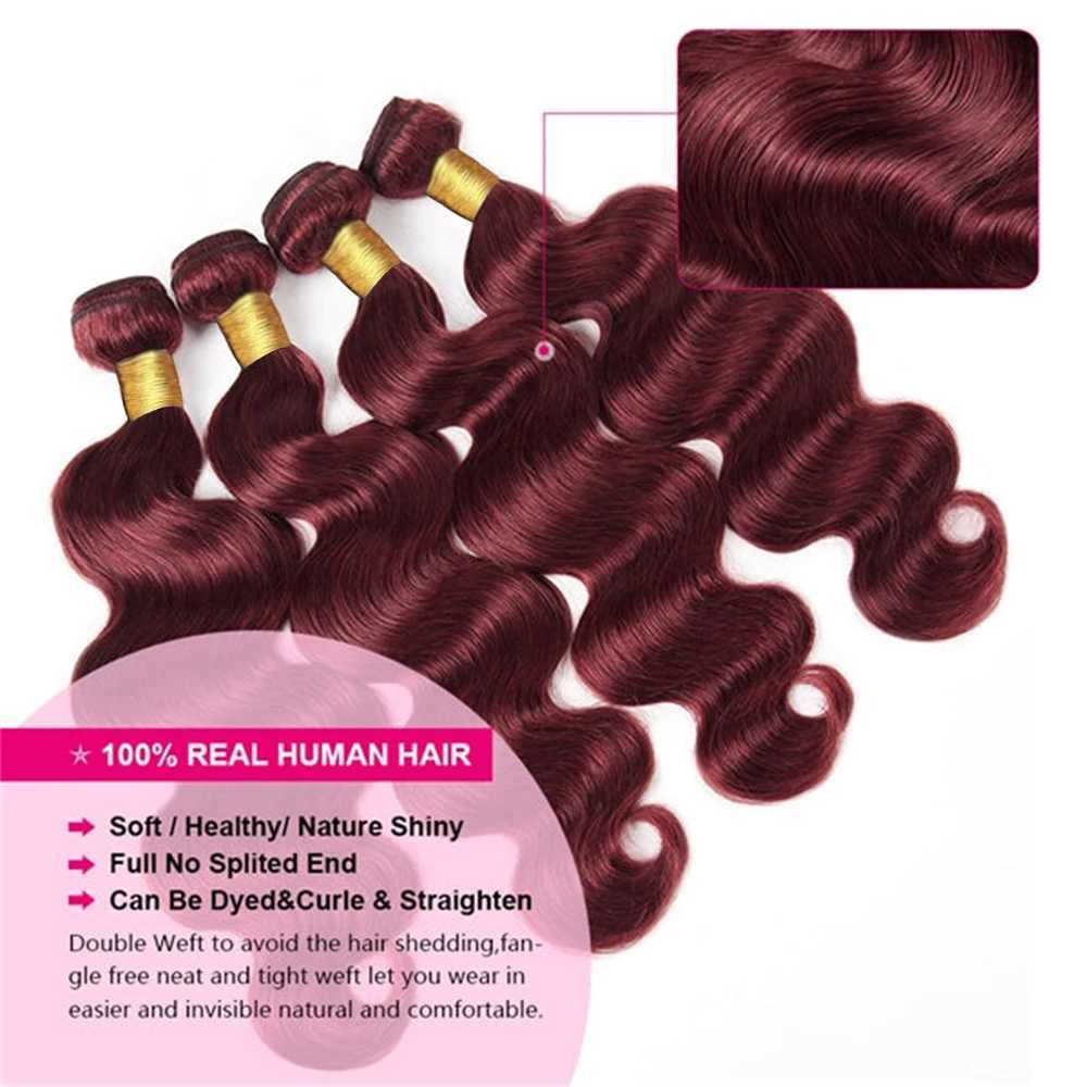 Burgundy #99J Body Wave 2 Bundles with Frontal Brazilian Virgin Remy Wavy Hair 3 Bundles with 134 Lace Frontal Wine Red ColoredXJ250120