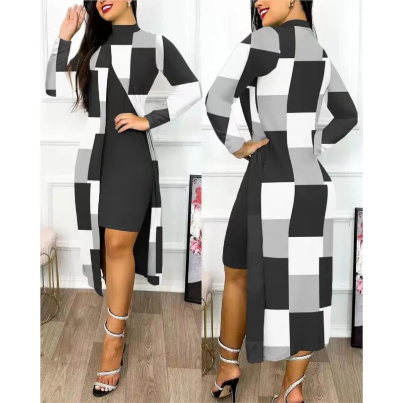 Two piece womens printed dress set full sleeve semi high neck split open front elegant firstline office ladies 250122