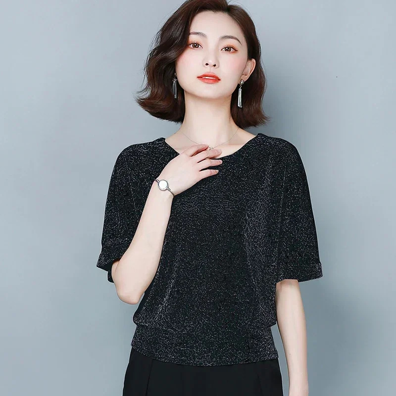 2024 Summer Women Shirts Fashion Womens Elegant Shine Glitter Tops Short Sleeve Blouse Shiny Sequin Casual Clothes 9197 250121