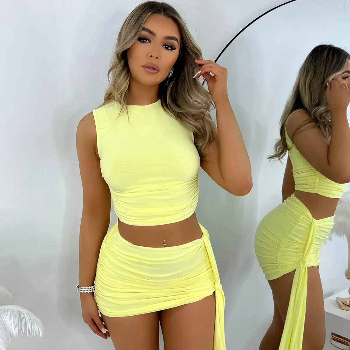 Selling Womens Bodycon Skirt Sexy Round Neck Sleeveless Ruffles Fashionable Casual Two-Piece Suit 250109