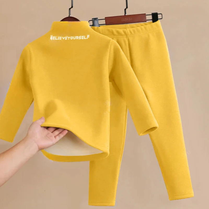 2-Piece Autumn Winter Fleece Childrens Turtleneck Warm Home Clothes Set Boys Girls Letter Print Pajamas and Pajama Pants Set 250113