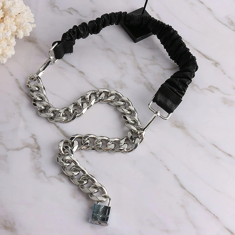 Fashion lock head elastic belt European and American personality metal leather chain splicing waist chain women 250117