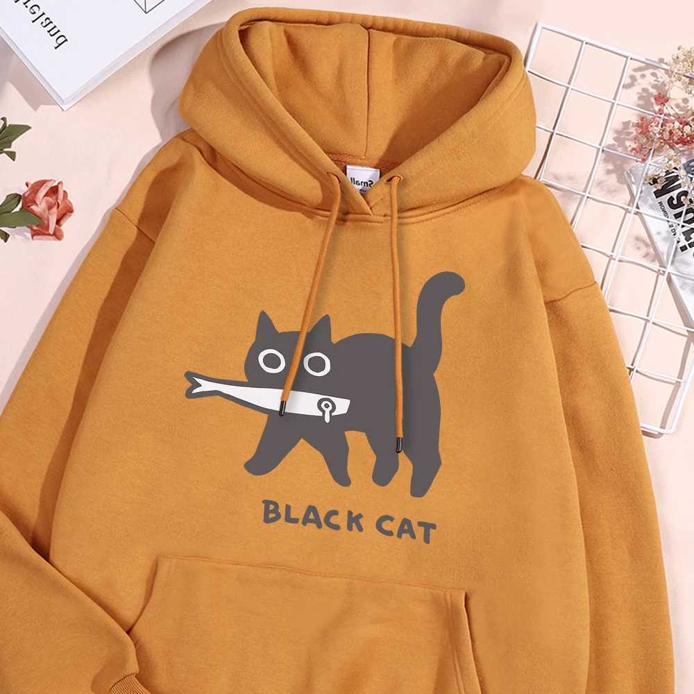 Fun A Black Cat Eating Fish Hoody Men Women Harajuku Fashion Sweatshirt Loose Oversized Streetwear Fleece Warm Couple HoodiesXJ2500118