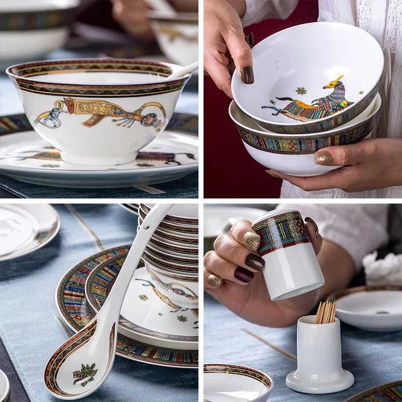 Ceramic Steak Plate Soup Dish Spoon Bowl Porcelain Luxury European Food Kitchen Tableware Set Wedding Gift Present 8/10 Inches X250129
