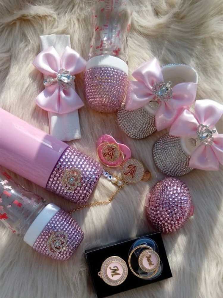Dollbling Luxury Baby Bottles and Shoes Headband Set Keepsake Diamond Tutu Outfit Red Bottom Little Girl Baptism Shoes X250129