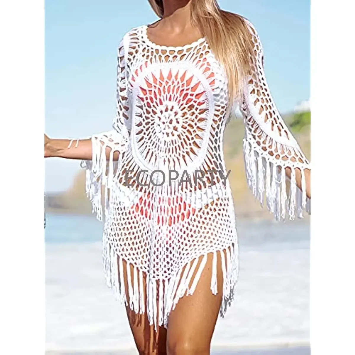 White Crochet Bikini Cover Up with Fringe Trim Women Sexy Hollow Out Beach Swimsuit Dress 2023 Summer Bathing Suit Beachwear 250120
