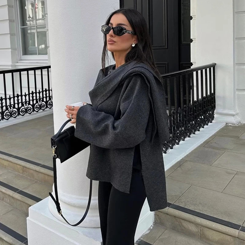 TRAF 2024 Plush Winter Coats for Women Asymmetric Scarf Demiseason Jacket Parkas Long Sleeve Padded Coat Woman 250109