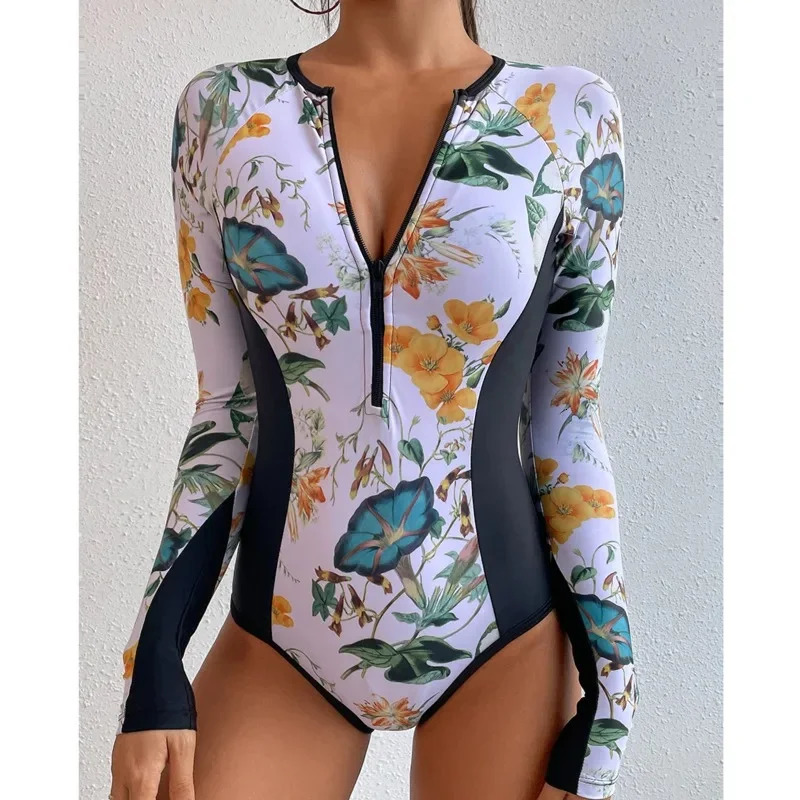 Summer Print Zipper One Piece Swimsuit Closed Long Sleeve Swimwear Sports Surfing Womens Swimming Bathing Suit Beach Bather 250109