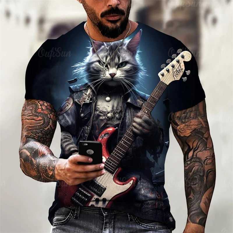 Trend Rock Guitar Cat Graphics T Shirts Summer Fashion Short Sleeve Cool 3D Animals Printed Mens T-shirts Casual Streetwear TeesXJ250117