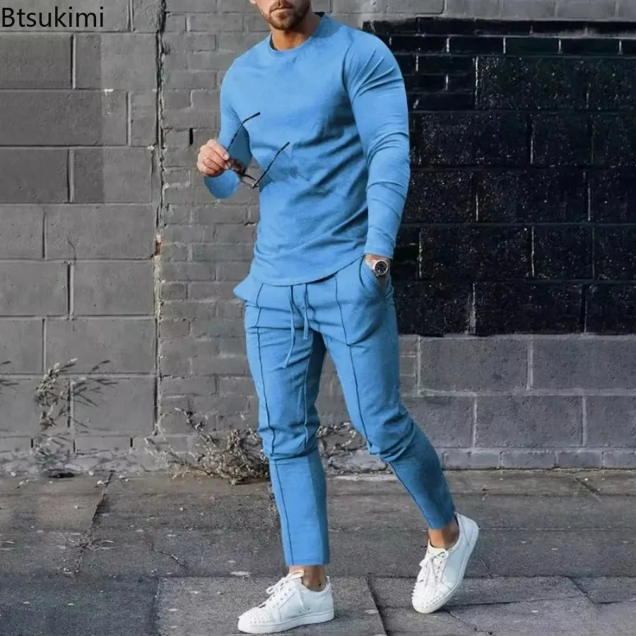 2025 Spring Mens Casual Sport Twopieces Fashion Solid Long Sleeve Oneck Tshirt and Sweatpants Suits Men Tracksuit Outfit 250110
