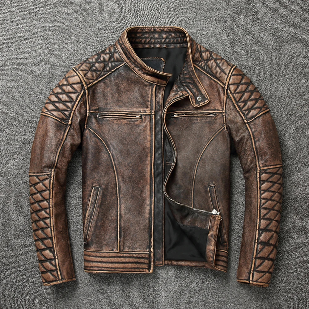 Vintage Men Leather Jacket Thick 100% Genuine Cowhide Biker Jacket Slim Fit Men Motorcycle Coat Autumn ASIAN SIZE S-5XL M419 250120