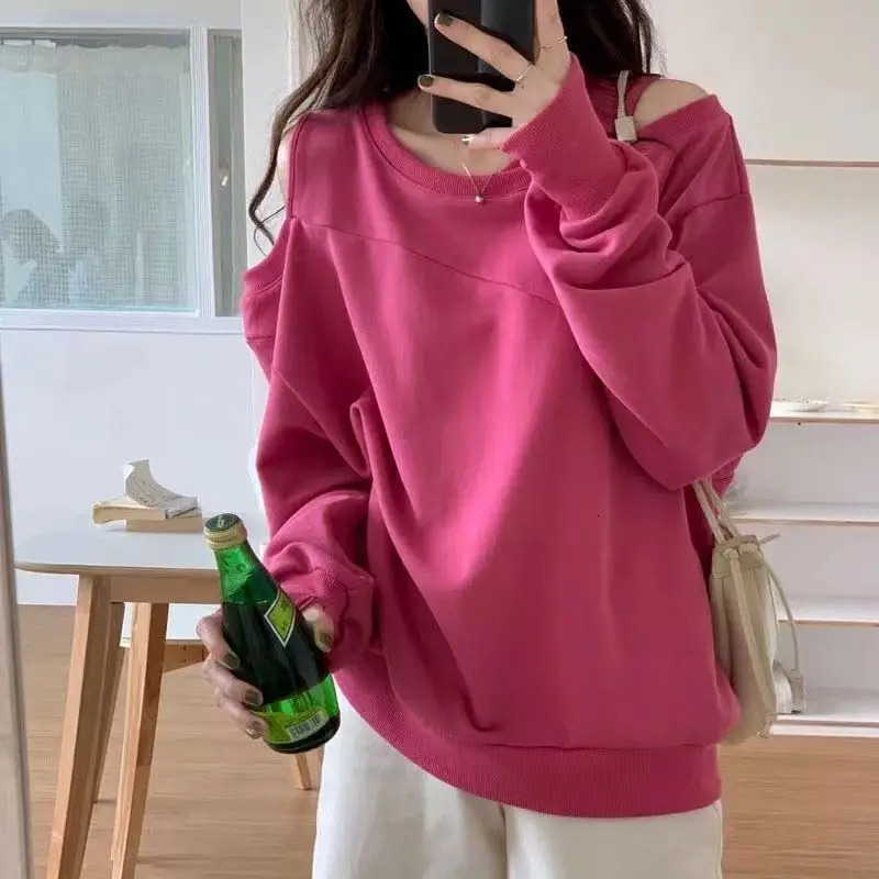 Vintage Hollow Out Off Shoulder Loose Hoodies Spring Autumn Long Sleeve Korean Pullovers Top Fashion Casual Women Clothing 250122