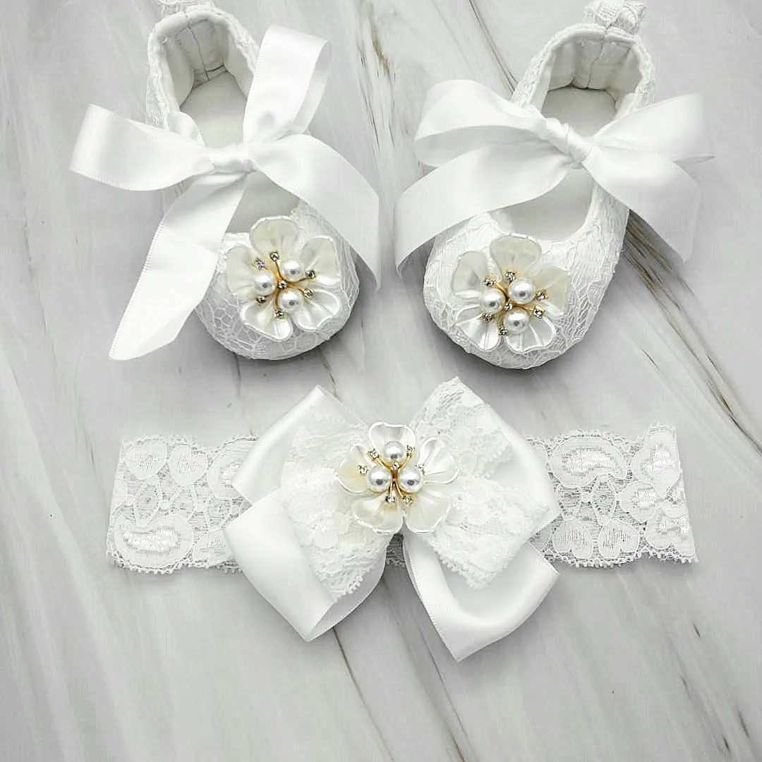 Dollbling Baptism Pearls RIbbon Baby Girl Shoes Christening White Flower Handmade Newborn Princess Infant Wedding Anti-Slip Crib X250129