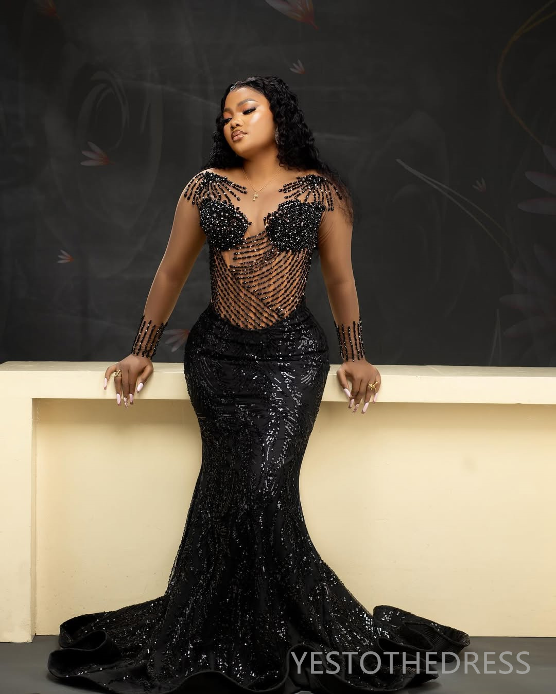 2025 Aso Ebi Black Prom Dresses Mermaid Evening Dresses Sheer Neck Long Sleeves Illusion Beaded Beading Tassel Birthday Party Dress Second Reception G