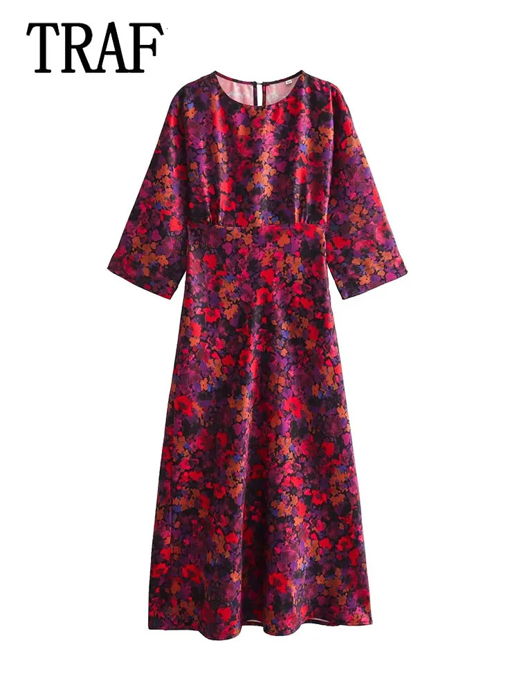 TRAF Women Pleated Long Dresses 2023 Autumn Sleeve Vintage Print Midi Dress Female Party 250121