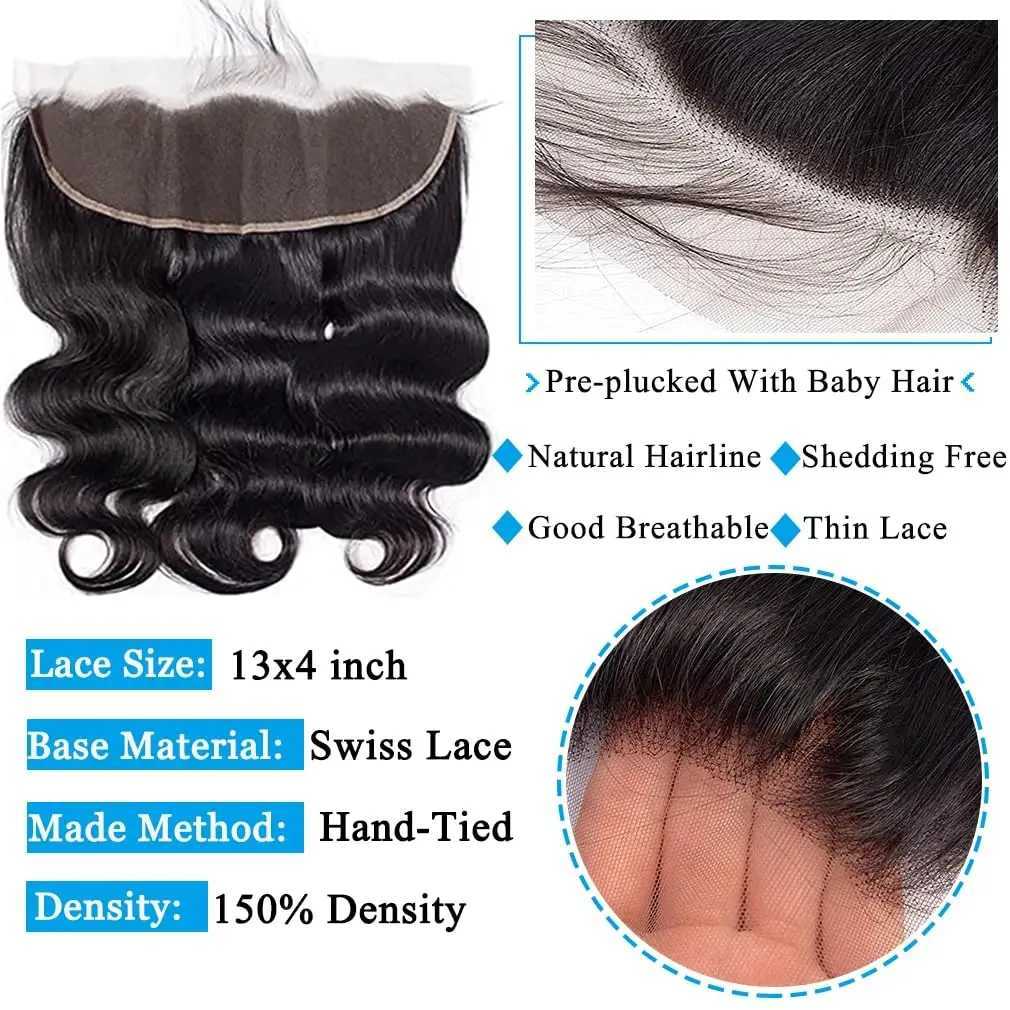 Body Wave Bundles with 13x4 Lace Frontal Human Hair Clo with 3 Bundles Weave Brazilian Remy Hair Natural Black ExtensionsXJ250120