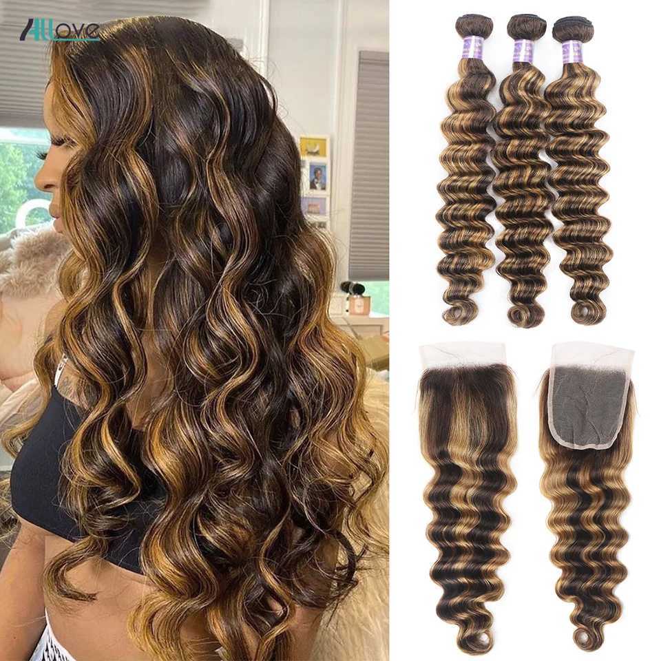 Allove Highlight Loose Deep Wave Bundles With Clo 4x4 Lace Clo With Bundles Brazilian Remy Ombre Honey Blonde BundlesXJ250120