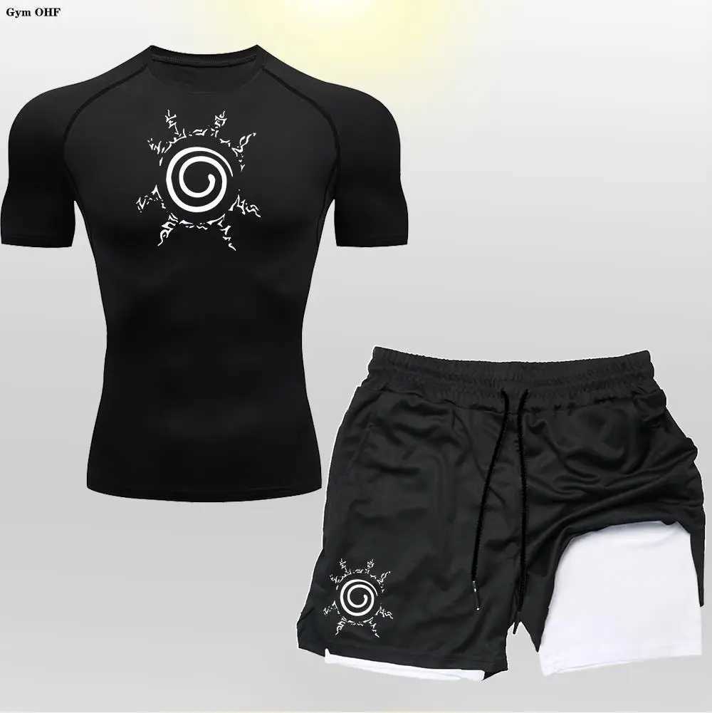 Anime compression shirt mens 2-in-1 shorts fitness gym exercise MMA Rashguard Jujutsu runner training clothing set X250129