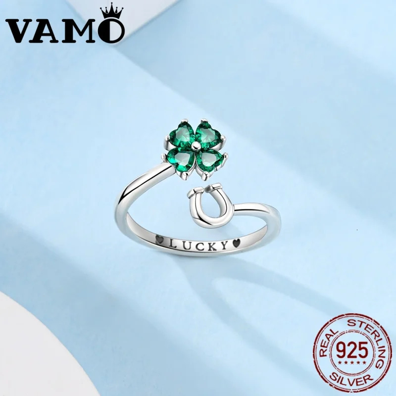 VAMO 925 Sterling Silver CZ Zircon Rings Clover Horseshoe Open Woman Rings Sparkling Wedding Rings For Women Jewelry Anniversary 250121